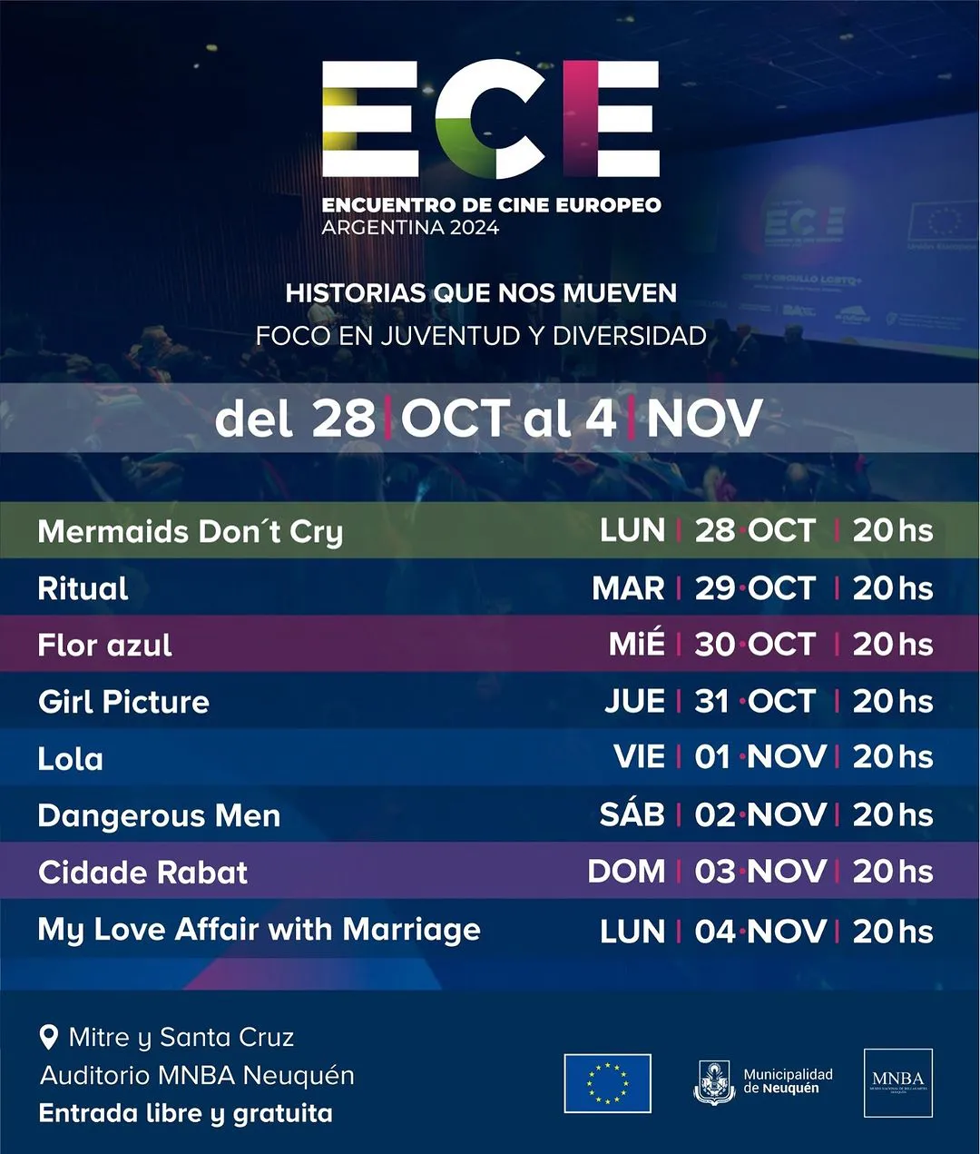 ¡Se viene el Encuentro de Cine Europeo en Argentina!   Del 28 de octubre al 4 de noviembre, el auditorio del MNBA Neuquén se transforma en el escenario perfecto para disfrutar de lo mejor del cine europeo ¡No te pi